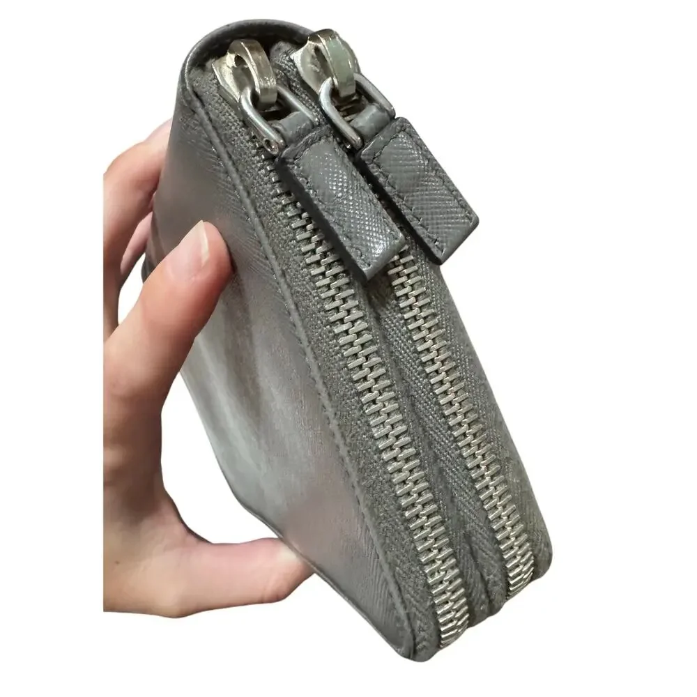 Auth Prada Grey Saffiano Leather Double Zip Travel Organizer Wallet Large - Picture 7 of 16